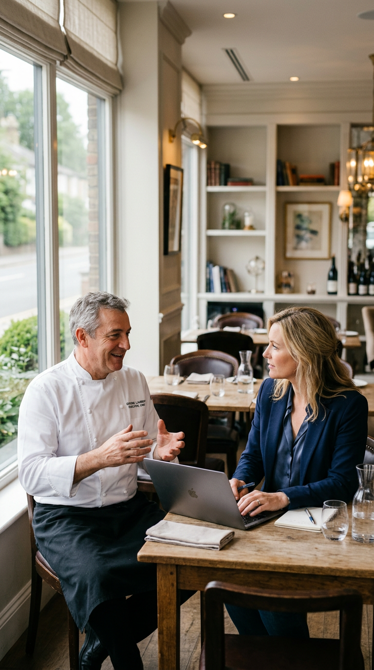 An executive chef sharing how his kitchen runs while an InnquireAI team member takes notes